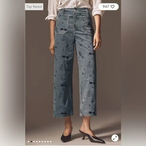 Maeve The Colette Cropped Wide Leg Embroidered Corduroy Pants Light Blue 31. NWT